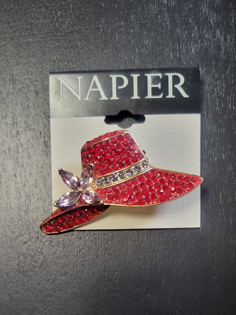 Napier Red Hat Society Red Crystal Hat Brooch with Lavender Flower